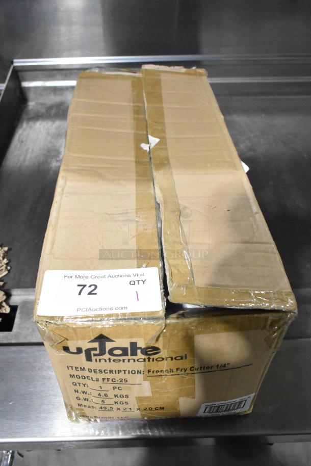 Cardboard box for Update FFC-25 French Fry Cutter, showing some damage. Labels display model and shipment details.
