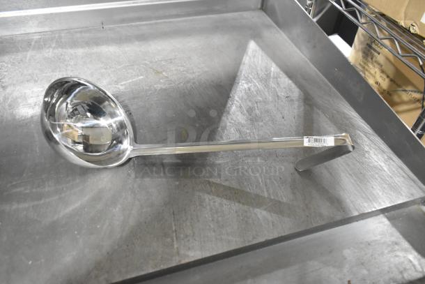 Stainless steel ladle, Update LOP-1813 model, new with minor scratches. Durable design, barcode on handle. 23 per bid.