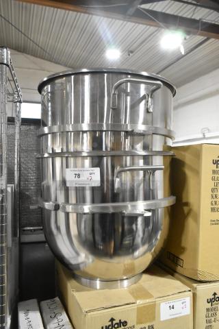 Brand new stainless steel mixer bowl, 2 units, shiny finish, handles, tags show auction info and quantity.