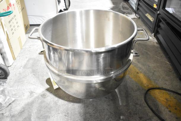 Brand new stainless steel mixer bowl with handles, shiny finish, durable for kitchen mixing tasks.