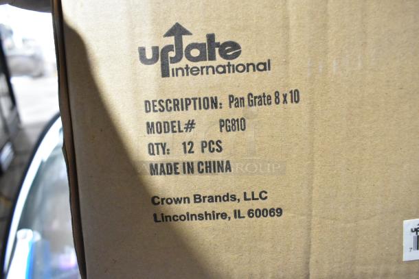Box for Update PG810 wire pan grate, labeled "Pan Grate 8x10," quantity 12, made in China by Crown Brands, LLC.