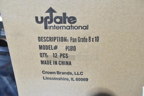 Update International box with model PG810 details. Contains 12 pan grates, size 8x10, made in China by Crown Brands.