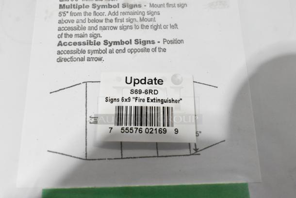15 new Update S69-6RD fire extinguisher signs, 6x9 inches, with mounting instructions and barcode.