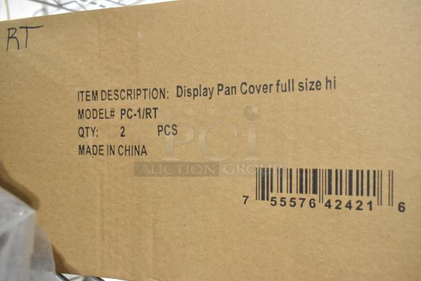 Box of 2 BRAND NEW Update PC-1/RT Full-Size Roll-Top Display Pan Covers, model details and barcode visible. Made in China.