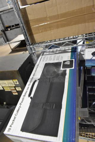4 brand new Update CP-10 cutlery pouches, 10 pockets each, nylon, boxed on metal shelving.
