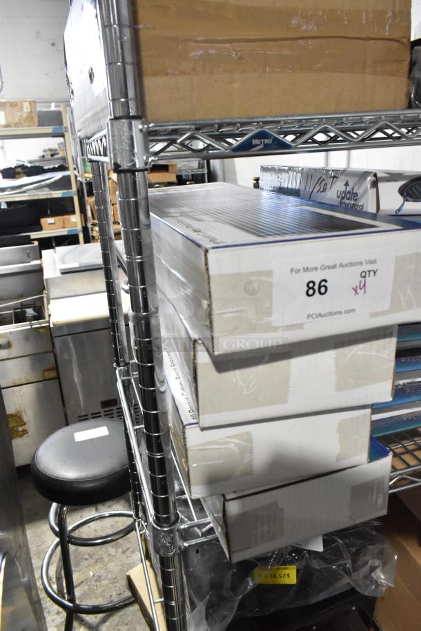 Four brand new Update CP-10 10 Pocket Nylon Cutlery Pouches in boxes on a metal shelf, labeled "Qty 4" for auction.