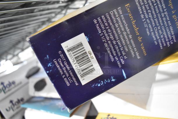 6 brand new Update GR-3T glass rimmers, unopened. Barcode and branding visible. Ideal for cocktail preparation.