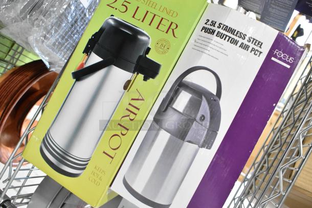 2 brand new 2.5L stainless steel air pots. Double-walled, push button, keeps liquids hot or cold. Focus brand packaging shown.
