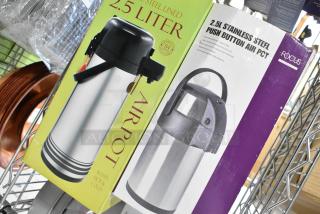 2 brand new 2.5L stainless steel air pots. Double-walled, push button, keeps liquids hot or cold. Focus brand packaging shown.