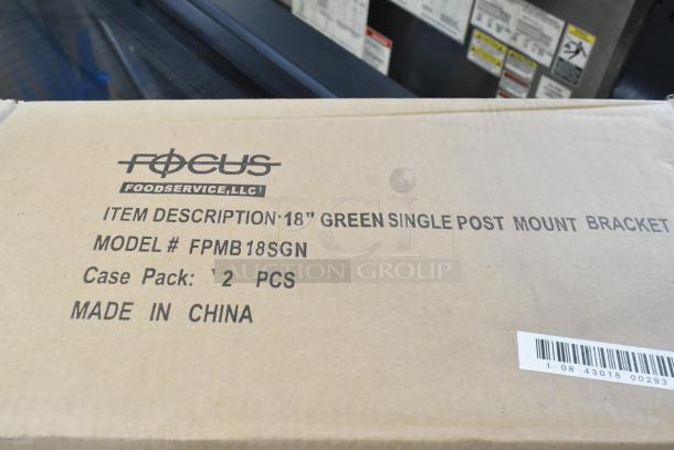 Box labeled "Focus FPMB18SGN," includes two 18" green single post mount brackets, made in China.