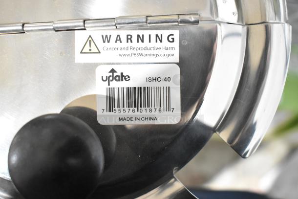 8 new Update ISHC-40 stainless steel round center hinge lids, barcode and P65 warning visible, made in China.