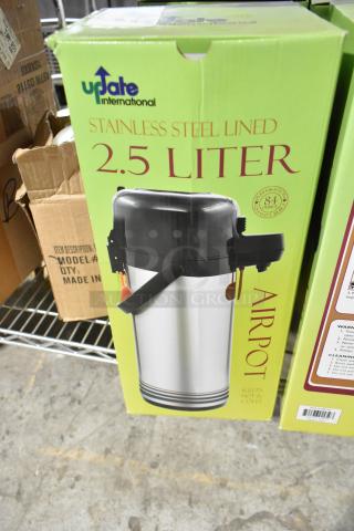 8 new Update International 2.5L stainless steel air pots in box, model CDP-25, thermal insulation, keeps liquids hot or cold.