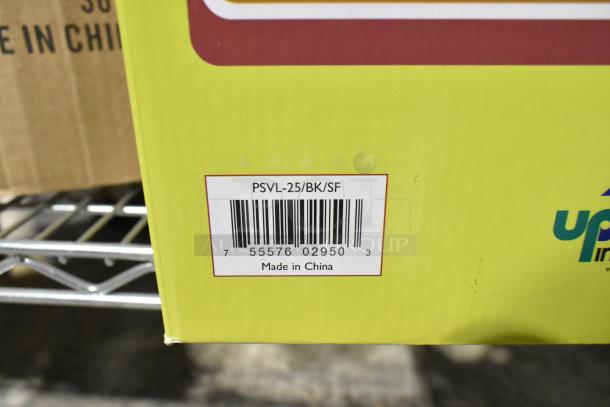 Box of 8 new Update 2.5L stainless steel air pots, barcode showing "PSVL-25/BK/SF," made in China.