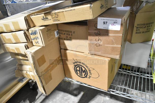 15 new items include Focus FPMB18SGN bracket, Update WPBB-15 pastry brush, wire pan grate, poly funnel; boxes on a shelf.