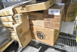 15 new items include Focus FPMB18SGN bracket, Update WPBB-15 pastry brush, wire pan grate, poly funnel; boxes on a shelf.