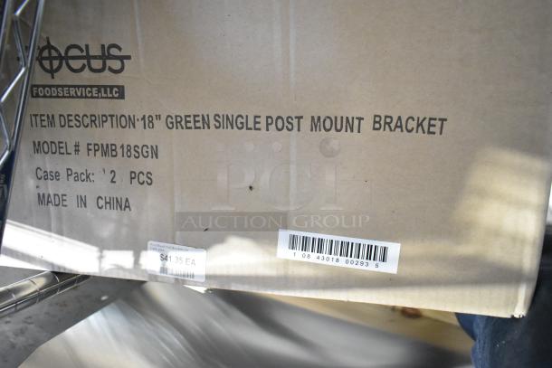 Box of new Focus FPMB18SGN 18" green single post mount brackets, model# FPMB18SGN, case pack of 2, made in China.