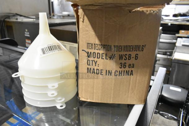 Stack of new white poly funnels beside a cardboard box labeled "Woven Wooden Bowl 6", Model WSB-6, Made in China.