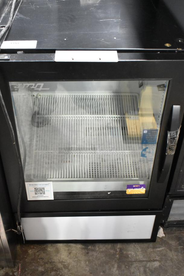 2023 True GDM-05-HC 24" countertop display fridge, black metal, glass door, front access. 115V, 1 phase, commercial use.