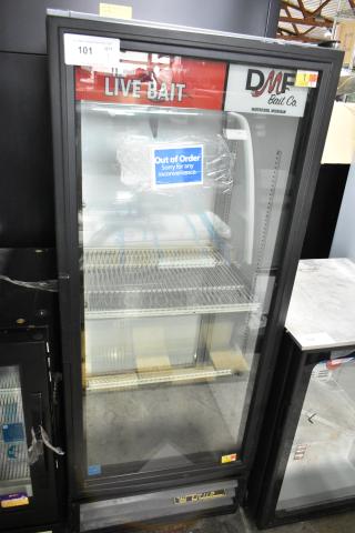True GDM-12-LD commercial single door cooler with poly-coated racks, labeled "Out of Order," metal frame, 115V, 1 phase.