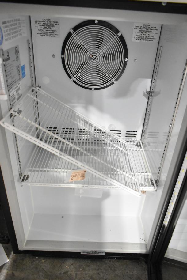 Imbera EVC04 metal mini cooler merchandiser, single door, poly-coated racks, 115V, excellent condition, safety labels visible.