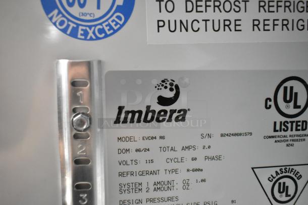 Imbera EVC04 commercial cooler label showing model, voltage, and refrigerant details. UL listed for safety compliance.