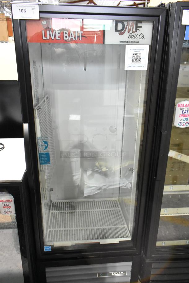 2025 True GDM-12-HC single door reach-in cooler, glass front, metal exterior, poly-coated racks, 115V, 1 phase.