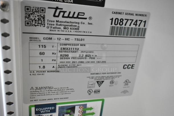 True GDM-12-HC Cooler Label, 115V, 1 Phase, Model Details, Serial Number 10877471, Compressor EMX3111U, R290 Refrigerant.