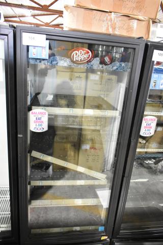 True GDM-12 metal commercial single door reach-in cooler with poly coated racks, 115 volts, model GDM-12, with Dr Pepper and balance stickers.