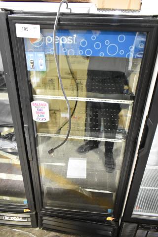 True GDM-12 commercial cooler merchandiser, single glass door, poly-coated racks, 115V, 1 phase, "Pepsi" branding.