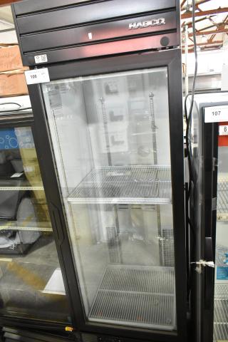 2019 Habco SE18 single door cooler merchandiser, metal frame, poly coated racks, good condition, 115V, 1 phase.
