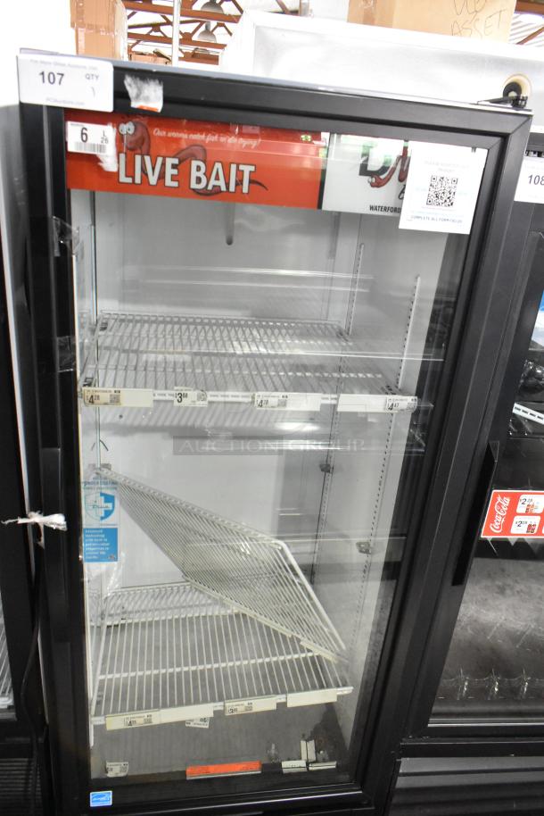 2023 True GDM-12-HC single door cooler, metal frame, poly-coated racks, 115V, 1 phase, "Live Bait" sign, excellent condition.