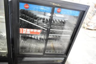 2016 True GDM-41SL-60-HC-LD 2 Door Reach-In Cooler, black with poly-coated racks, 115V, 1 Phase, Coca-Cola branding.