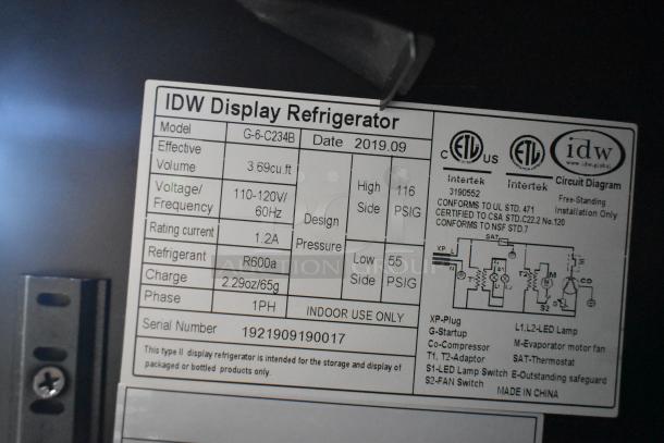 2019 IDW G-6-C234B Metal Mini Cooler Merchandiser label, showing specifications: 115 Volts, 1 Phase, 3.69 cu. ft.
