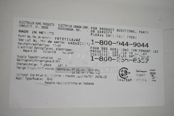 Label for Electrolux FRT21IL6JW2 Reach In Cooler/Freezer, 115V, 1 Phase, showing model and serial numbers, made in Mexico.