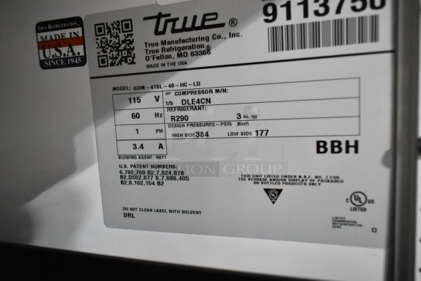 2017 True GDM-41SL-48-HC-LD label showing model details, 115V, 1-phase, R290 refrigerant, made in USA.