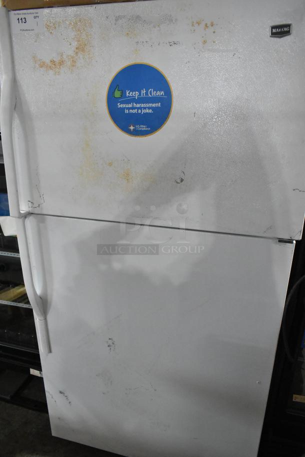 Maytag M1TXEGMYW01 Reach In Cooler with Freezer, 115V, worn exterior, sticker on door, model name visible.