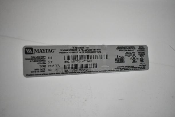Maytag M1TXEGMYW01 reach-in cooler with freezer, 115V, 1 phase, model and serial numbers on label.