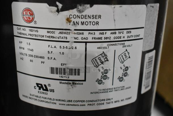 US Motors condenser fan motor label showing model J63WZE, 1.5 HP, 208-230/460 Volts, made in Mexico, 1821VG.