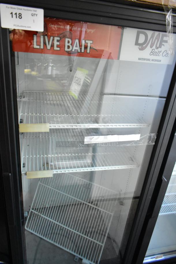 2017 True GDM-12-HC-LD cooler merchandiser with single glass door, live bait signage, and poly-coated racks. 115V, 1 Phase.