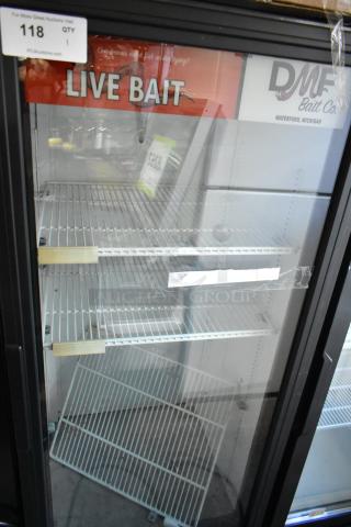 2017 True GDM-12-HC-LD cooler merchandiser with single glass door, live bait signage, and poly-coated racks. 115V, 1 Phase.