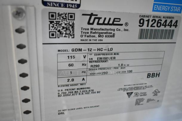2017 True GDM-12-HC-LD commercial cooler label showing model, voltage 115V, refrigerant R290, and serial number 9126444.