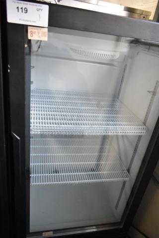 Hisense FL-35WC1H commercial cooler with single glass door, poly-coated racks, 115V, 1 phase, visible auction tags.