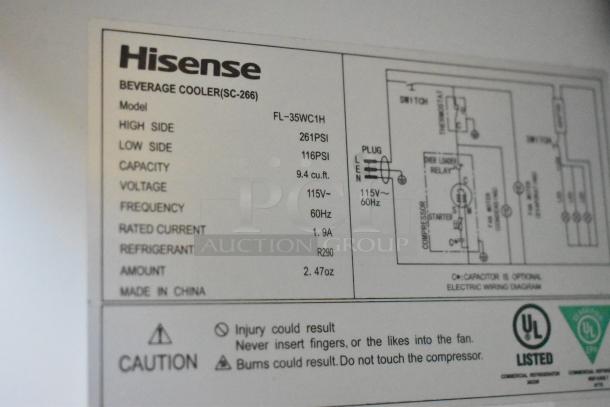 Hisense FL-35WC1H commercial cooler label showing model, voltage, capacity, and safety warnings. 115V, 60Hz, R290 refrigerant.