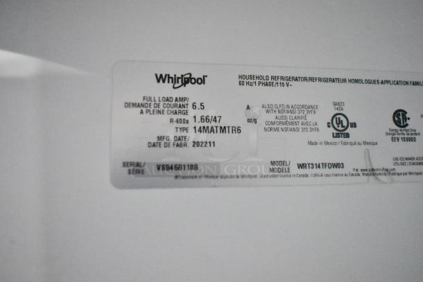 2022 Whirlpool WRT314TFDW03 cooler with freezer label. 115 volts, 1 phase. Serial VSB4681108, UL listed.