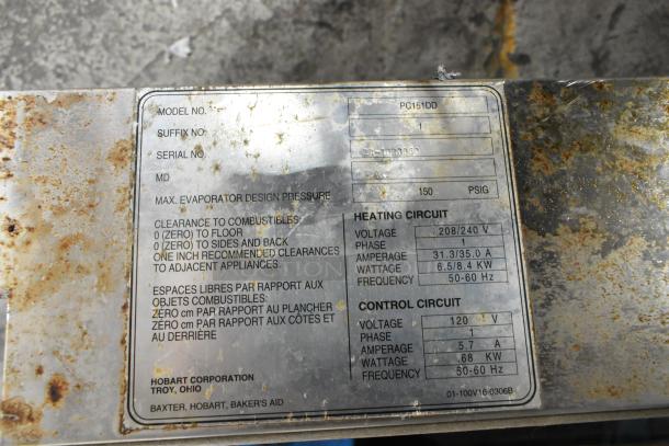 Baxter PC151DD stainless steel commercial proofer label, shows 208/240V, 1 phase, with heating and control circuit details.