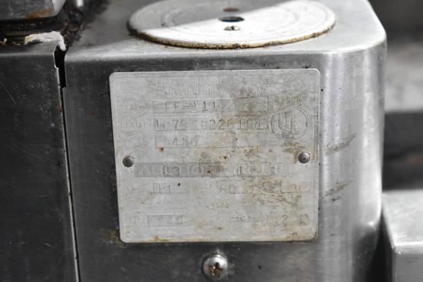 Blodgett EF-111 stainless steel convection oven label showing type, serial number, voltage (480V), and other specifications.