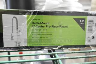 Brand new Regency 600PRD4X pre-rinse faucet, deck-mounted, 1.15 GPM, with a 4" center and 44" hose, scratch and dent condition.