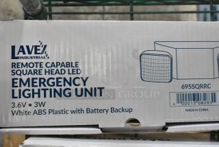 Brand new Lavex 695SQRRC LED emergency light, remote-capable, white ABS with battery backup. Scratch and dent packaging.