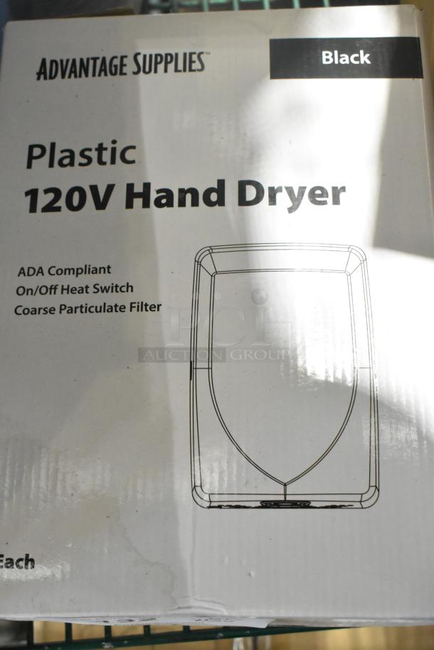 Black Advantage Supplies plastic 120V hand dryer in box, ADA compliant with on/off heat switch and coarse particulate filter.