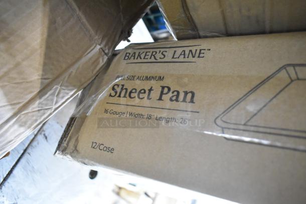 Baker's Lane full-size aluminum sheet pan box showing "16 Gauge" and dimensions "Width: 18" Length: 26". 12 per case.